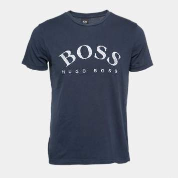 Pre Owned Boss By Hugo Boss Blue Logo Embroidered Crew Neck T-Shirts S