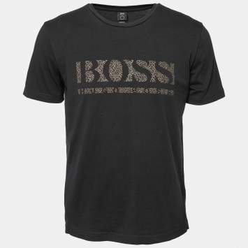 Pre Owned Boss By Hugo Boss Black Cotton Logo Printed Short Sleeve T-Shirt M
