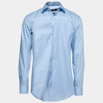 Pre Owned Boss By Hugo Boss Blue Cotton Slim Fit Button Front Shirt L