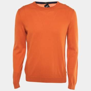 Pre Owned Boss by Hugo Boss Orange Cotton Long-Sleeve Crewneck Sweater L