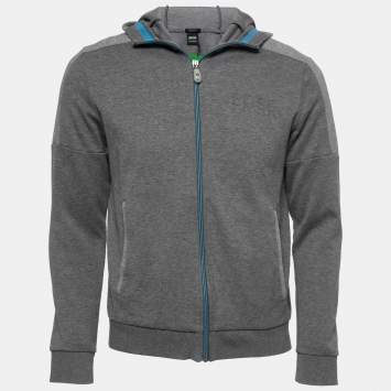 Pre Owned Boss by Hugo Boss Grey Knit Zip-Up Hooded Track Jacket M