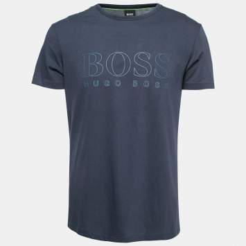 Pre Owned Boss By Hugo Boss Blue Embossed Logo Print Cotton Teebo_N T-Shirt L