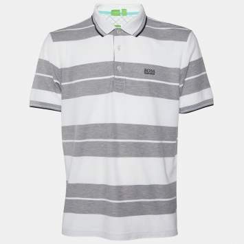 Pre Owned Boss By Hugo Boss Grey  & White Cotton Striped Polo T shirt XL