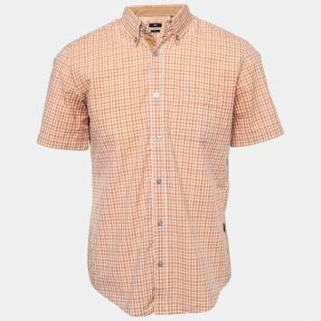 Pre Owned Boss By Hugo Boss Orange Plaid Cotton Half Sleeve Slim Fit Shirt M