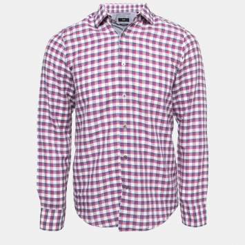 Pre Owned Boss By Hugo Boss Purple/Navy Blue Plaid Cotton Full Sleeve Regular Fit Shirt S