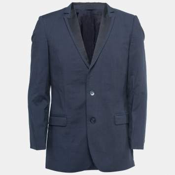 Pre Owned Hugo Boss Blue Wool Contrast Lapel Trim Single Breasted Blazer L