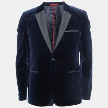 Pre Owned Boss By Hugo Boss Navy Blue Velvet Extra Slim Single Breasted Blazer L 