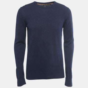Pre Owned Boss By Hugo Boss Navy Blue Cotton Knit Crew Neck Sweatshirt L