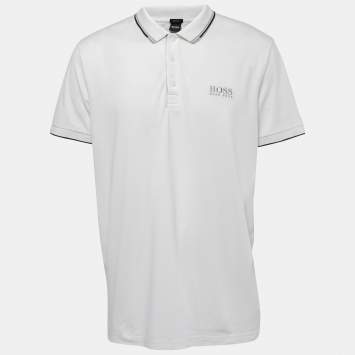 Pre Owned Boss By Hugo Boss White Logo Embroidered Knit Regular Fit Polo T-Shirt XXL