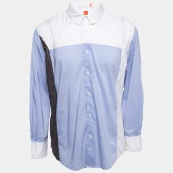 Pre Owned Boss Orange By Hugo Boss White/Blue Cotton Blend Button Front Full Sleeve Shirt XXL