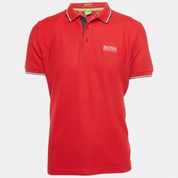 Pre Owned Boss By Hugo Boss Red Logo Embroidered Knit Polo T-Shirt L