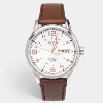 Pre Owned Boss By Hugo Boss Silver Stinless Steel Leather Pilot Edition HB.279.1.14.2872 Men's Wristwatch 44 mm