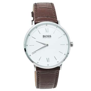 Pre Owned Hugo Boss White Stainless Steel Leather HB.274.1.14.3164 Quartz Men's Wristwatch 40 mm