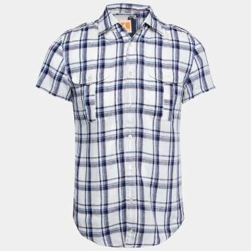 Pre Owned Boss Orange by Hugo Boss White and Blue Check Print Linen Short Sleeves Shirt S