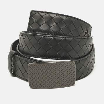 Pre Owned Bottega Veneta Black Intreciato Leather Plaque Buckle Belt 105CM