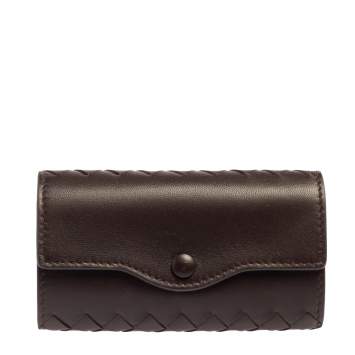 Pre Owned Bottega Veneta Dark Brown Intrecciato Leather Key Holder