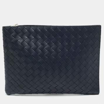 مملوكة مسبقًا Bottega Veneta Navy Blue Intrecciato Leather Zip Around Pouch
