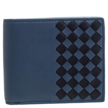Pre Owned Bottega Veneta Blue/Black Intrecciato Leather Bifold Wallet