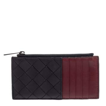 Pre Owned Bottega Veneta Navy Blue/Red Intrecciato Leather Zip Card Holder