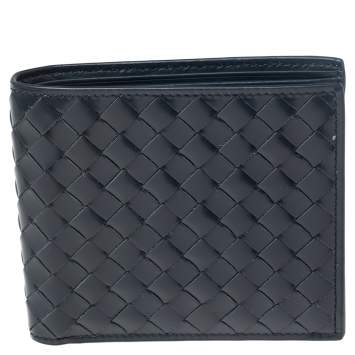 Pre Owned Bottega Veneta Navy Blue Intrecciato Leather Bifold Wallet