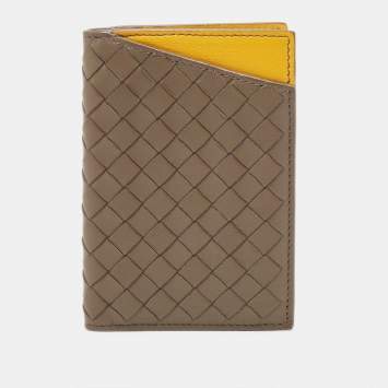 Pre Owned Bottega Veneta Brown/Yellow Intrecciato Leather Bifold Card Case