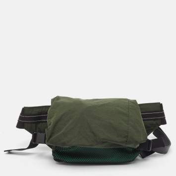 Pre Owned  Bottega Veneta Green/Black Nylon and Mesh Foldable Belt Bag