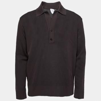 Pre Owned Bottega Veneta Brown Double Pique Long Sleeve Polo T-Shirt M