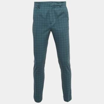 Pre Owned Bottega Veneta Blue Grid Check Cotton Formal Trousers S