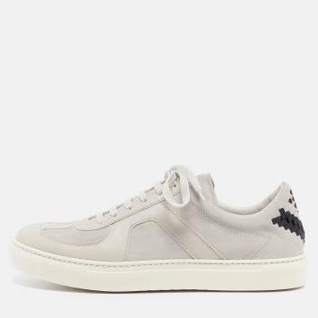 Pre Owned Bottega Veneta Grey/Black Leather and Suede Intrecciato Lace Up Sneakers Size 42.5