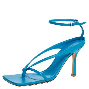 Pre Owned Bottega Veneta Blue Leather Square Toe Ankle Strap Sandals Size 37