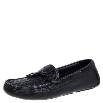 Pre Owned Bottega Veneta Black Intrecciato Leather Cervo Wave Driver Bow Loafers Size 40