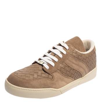 Pre Owned Bottega Veneta Brown Intrecciato Leather And Suede Low Top Sneakers Size 43