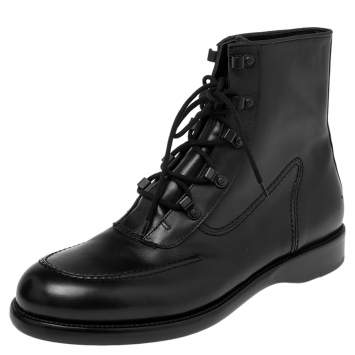 Pre Owned Bottega Veneta Black Leather Combat Ankle Boots Size 43