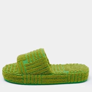 Pre Owned Bottega Veneta Neon Green Cotton Fabric Resort Sponge Platform Slides Size 39
