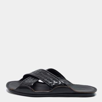 Pre Owned Bottega Veneta Black Intrecciato Leather Cross Strap Slides Size 45