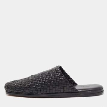 Pre Owned Bottega Veneta Black Intrecciato Leather Flat Mules Size 46