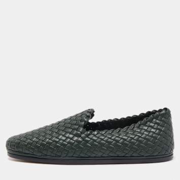 Pre Owned Bottega Veneta Dark Green Intrecciato Leather Slip On Loafers Size 44