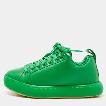 Pre Owned Bottega Veneta Green Leather Lace Up Sneakers Size 37