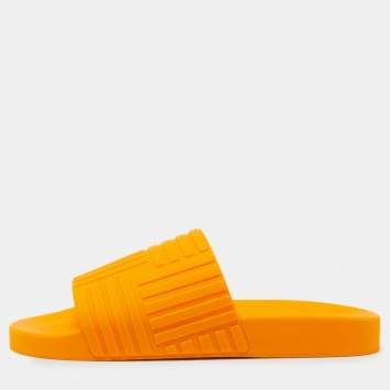 Pre Owned Bottega Veneta Orange Rubber Slides Size 42