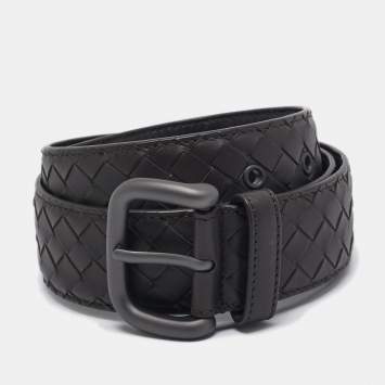 Pre Owned Bottega Veneta Brown Intrecciato Leather Buckle Belt 85 CM