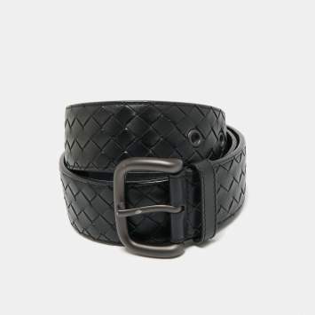 Bottega Veneta Black Intrecciato Leather Buckle Belt 90 CM