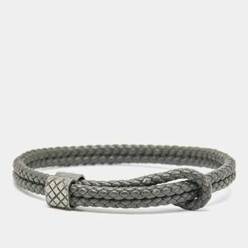 Pre Owned Bottega Veneta Grey Intrecciato Leather Sterling Silver Adjustable Bracelet