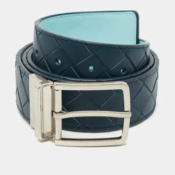 مملوكة مسبقًا Bottega Veneta 90 CM Reversible Buckle Belt Blue Intrecciato Leather