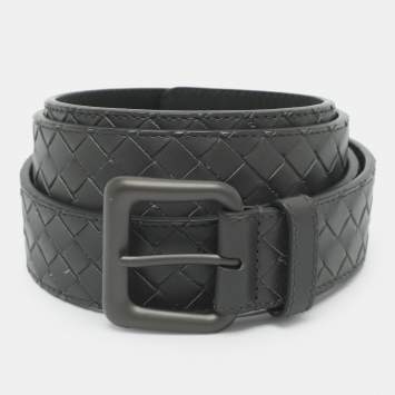 مملوكة مسبقًا Bottega Veneta 110 Buckle Belt Dark Grey Intrecciato Leather