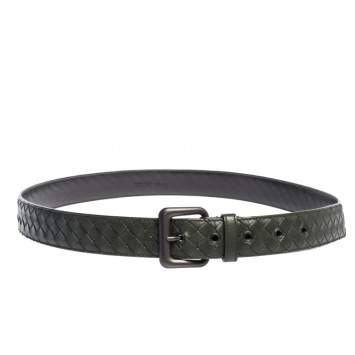 Pre Owned Bottega Veneta Dark Green Intreciatto Leather Buckle Belt 110CM