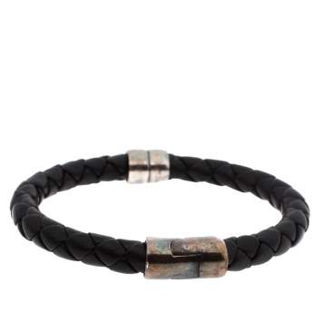 Pre Owned Bottega Veneta Black Woven Leather Silver Narrow Cuff Bracelet