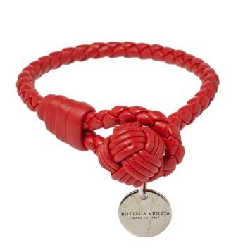 Pre Owned Bottega Veneta Intrecciato Red Nappa Leather Single Strand Bracelet
