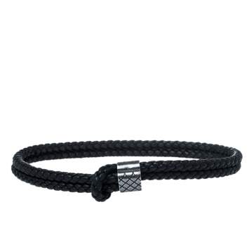 Pre Owned Bottega Veneta Black Double Intrecciato Leather Silver Adjustable Bracelet
