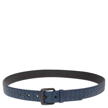 Pre Owned Bottega Veneta Blue Intrecciato Leather Buckle Belt 105CM