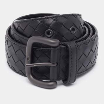 Pre Owned Bottega Veneta Black Intrecciato Leather Buckle Belt 